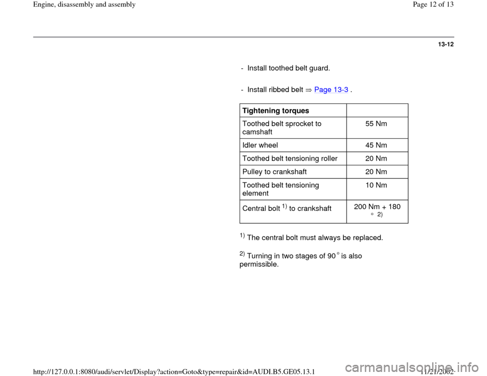 AUDI A4 1997 B5 / 1.G APB Engine Assembly Workshop Manual 13-12
      
-  Install toothed belt guard.
     
- Install ribbed belt   Page 13
-3 .
     
Tightening torques  
  
Toothed belt sprocket to 
camshaft  55 Nm  
Idler wheel   45 Nm  
Toothed belt tens