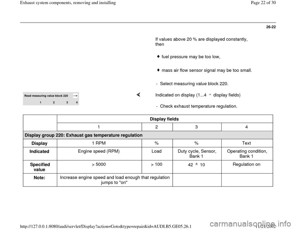 AUDI A4 1996 B5 / 1.G APB Engine Exhaust System Components Workshop Manual 26-22
       If values above 20 % are displayed constantly, 
then  
     
fuel pressure may be too low,
     mass air flow sensor signal may be too small.
     
-  Select measuring value block 220.
Re