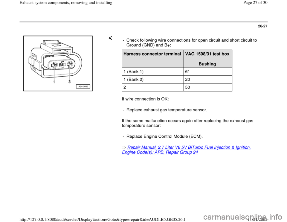 AUDI A4 1996 B5 / 1.G APB Engine Exhaust System Components Workshop Manual 26-27
 
    
If wire connection is OK:  
If the same malfunction occurs again after replacing the exhaust gas 
temperature sensor:  
 Repair Manual, 2.7 Liter V6 5V BiTurbo Fuel Injection & Ignition, 