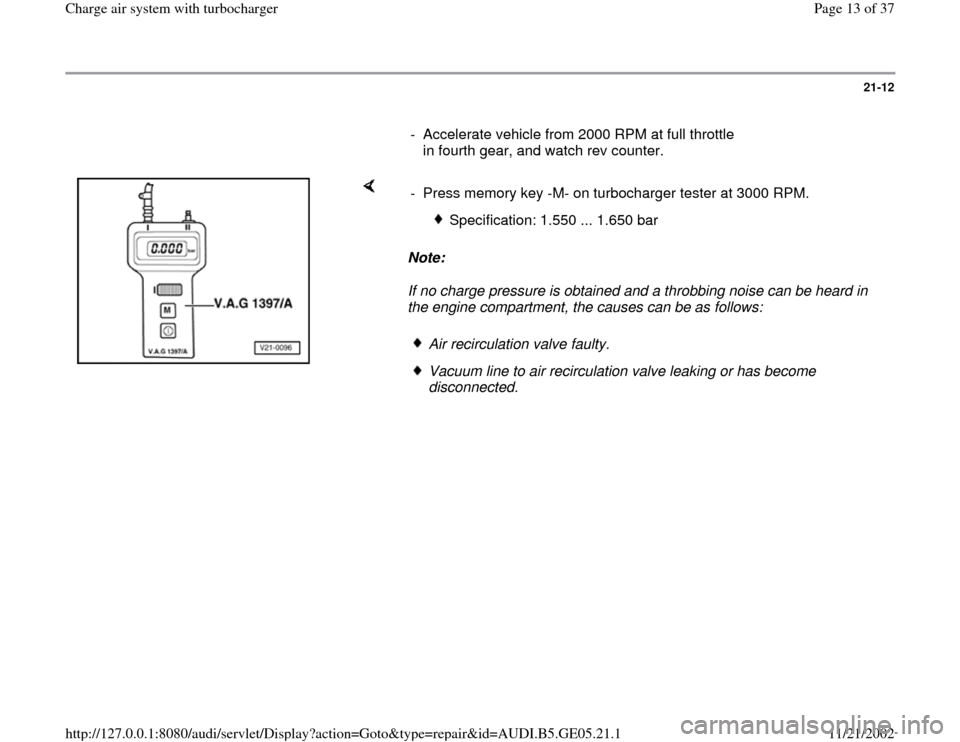 AUDI A4 1998 B5 / 1.G APB Engine Charge Air System With Turbocharger Workshop Manual 21-12
      
-  Accelerate vehicle from 2000 RPM at full throttle 
in fourth gear, and watch rev counter. 
    
Note:  
If no charge pressure is obtained and a throbbing noise can be heard in 
the eng