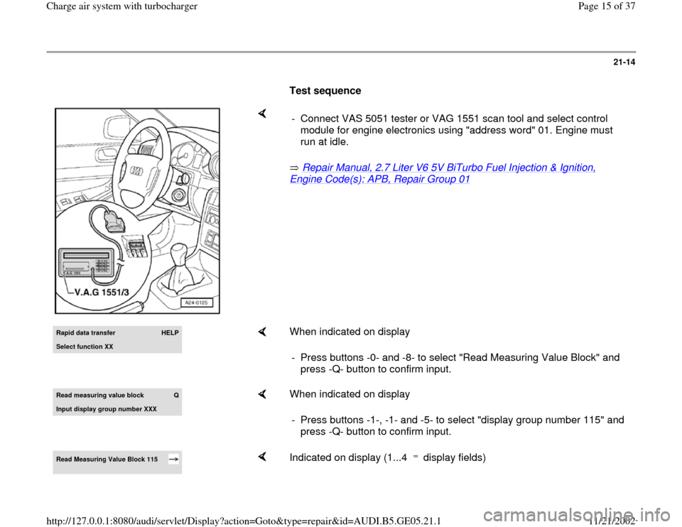 AUDI A4 1996 B5 / 1.G APB Engine Charge Air System With Turbocharger Workshop Manual 21-14
      
Test sequence  
    
 Repair Manual, 2.7 Liter V6 5V BiTurbo Fuel Injection & Ignition, 
Engine Code(s): APB, Repair Group 01
    -  Connect VAS 5051 tester or VAG 1551 scan tool and sele