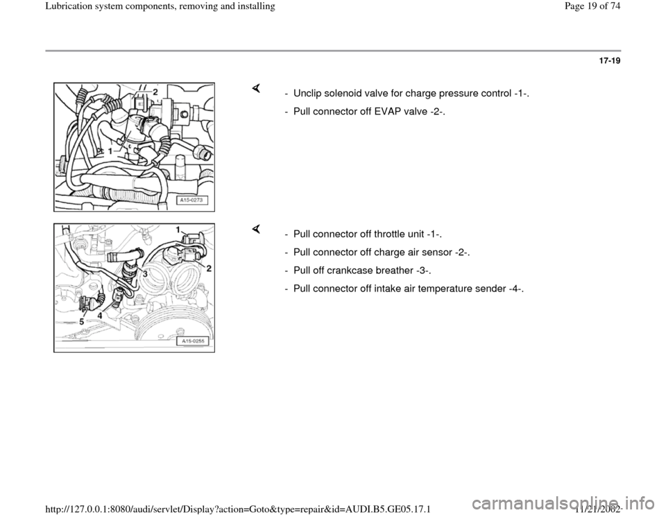 AUDI A4 1998 B5 / 1.G APB Engine Lubrication System Components Workshop Manual 17-19
 
    
-  Unclip solenoid valve for charge pressure control -1-. 
-  Pull connector off EVAP valve -2-.
    
-  Pull connector off throttle unit -1-. 
-  Pull connector off charge air sensor -2-