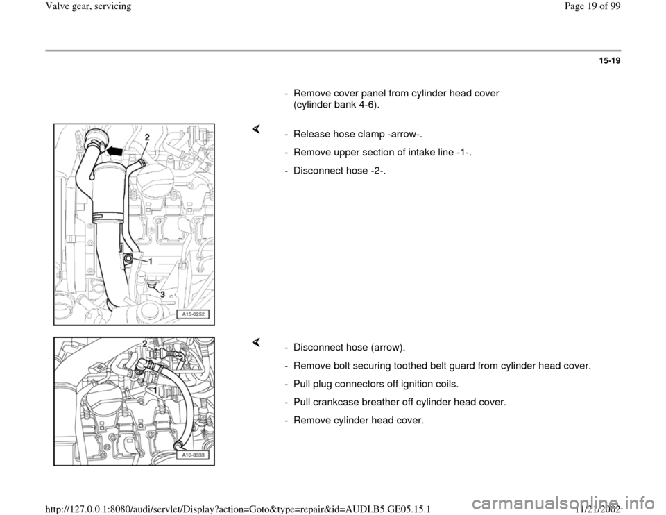 AUDI A4 1997 B5 / 1.G APB Engine Valve Gear Service Workshop Manual 15-19
      
-  Remove cover panel from cylinder head cover 
(cylinder bank 4-6). 
    
-  Release hose clamp -arrow-.
-  Remove upper section of intake line -1-.
- Disconnect hose -2-. 
    
-  Disco