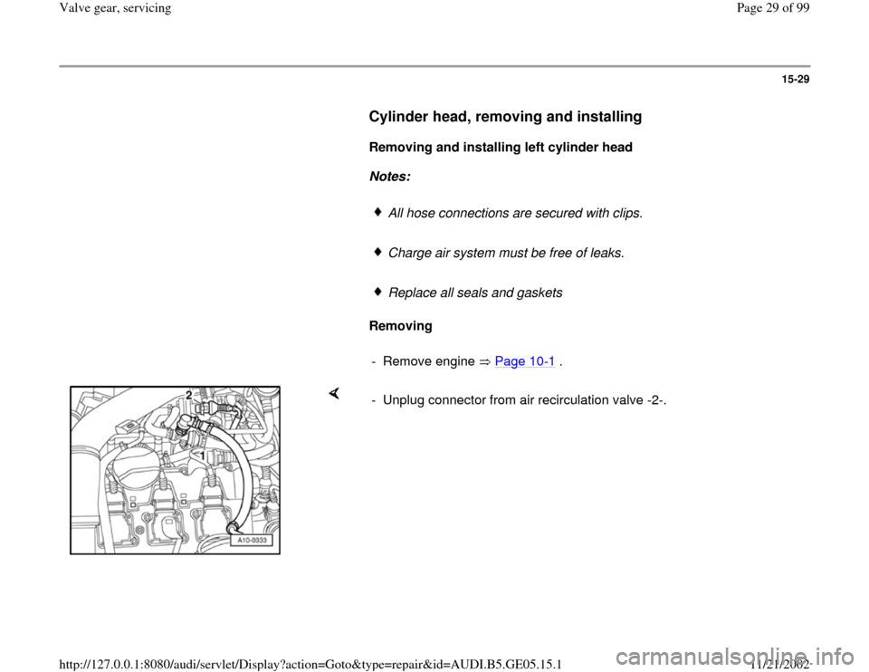 AUDI A4 1998 B5 / 1.G APB Engine Valve Gear Service Workshop Manual 15-29
      
Cylinder head, removing and installing
 
     
Removing and installing left cylinder head  
     
Notes:  
     
All hose connections are secured with clips. 
     Charge air system must 