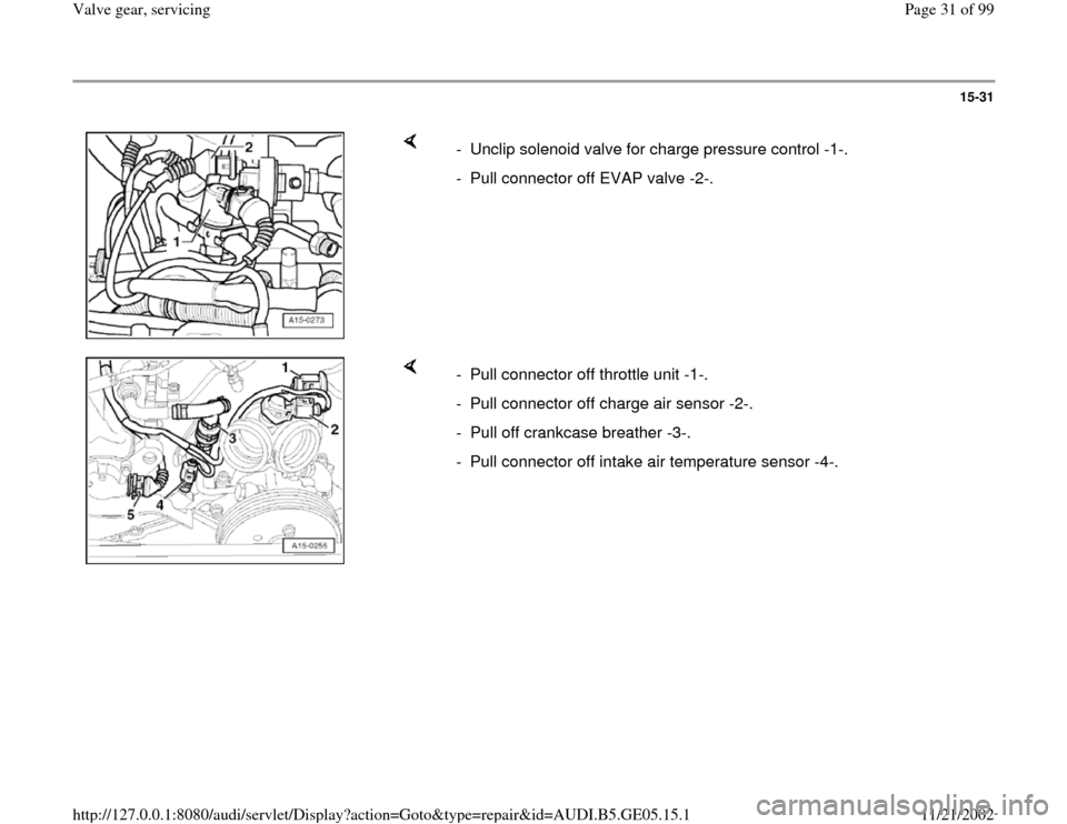 AUDI A4 1998 B5 / 1.G APB Engine Valve Gear Service Workshop Manual 15-31
 
    
-  Unclip solenoid valve for charge pressure control -1-.
-  Pull connector off EVAP valve -2-.
    
-  Pull connector off throttle unit -1-.
-  Pull connector off charge air sensor -2-.
