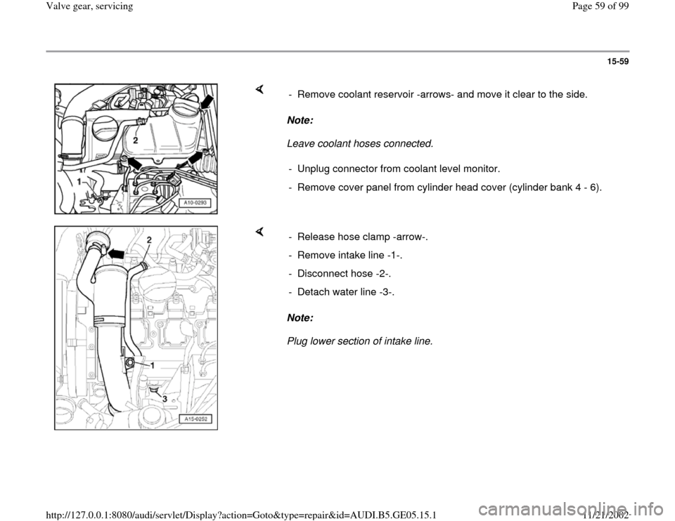AUDI A4 1998 B5 / 1.G APB Engine Valve Gear Service Workshop Manual 15-59
 
    
Note:  
Leave coolant hoses connected.  -  Remove coolant reservoir -arrows- and move it clear to the side.
-  Unplug connector from coolant level monitor.
-  Remove cover panel from cyli