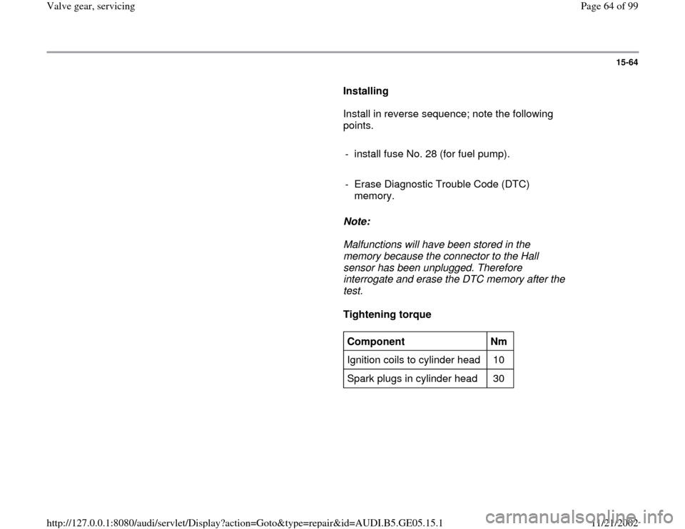 AUDI A4 1998 B5 / 1.G APB Engine Valve Gear Service Workshop Manual 15-64
      
Installing  
      Install in reverse sequence; note the following 
points.   
     
-  install fuse No. 28 (for fuel pump).
     
-  Erase Diagnostic Trouble Code (DTC) 
memory. 
     
N
