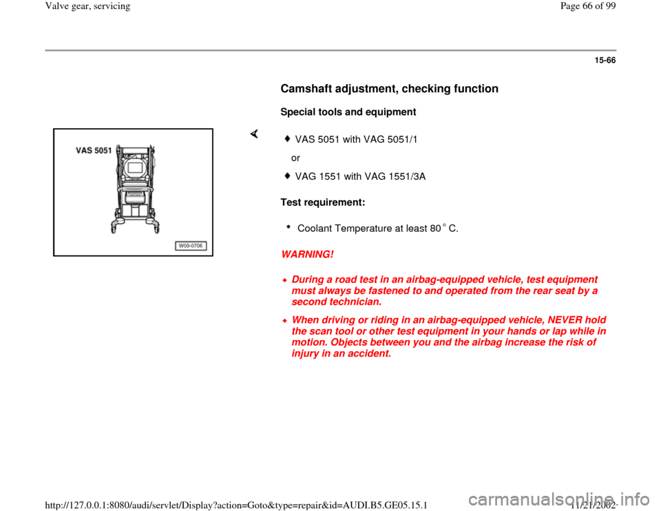 AUDI A4 1996 B5 / 1.G APB Engine Valve Gear Service Workshop Manual 15-66
      
Camshaft adjustment, checking function
 
     
Special tools and equipment  
    
Test requirement: 
WARNING! 
VAS 5051 with VAG 5051/1
   orVAG 1551 with VAG 1551/3ACoolant Temperature a