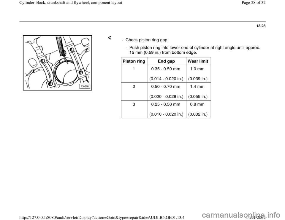 AUDI A4 1996 B5 / 1.G AFC Engine Cylinder Block Crankshaft And Flywheel Component Assembly Manual 13-28
 
    
-  Check piston ring gap. 
  -  Push piston ring into lower end of cylinder at right angle until approx. 
15 mm (0.59 in.) from bottom edge. Piston ring  
End gap  
Wear limit  
1   0.35 