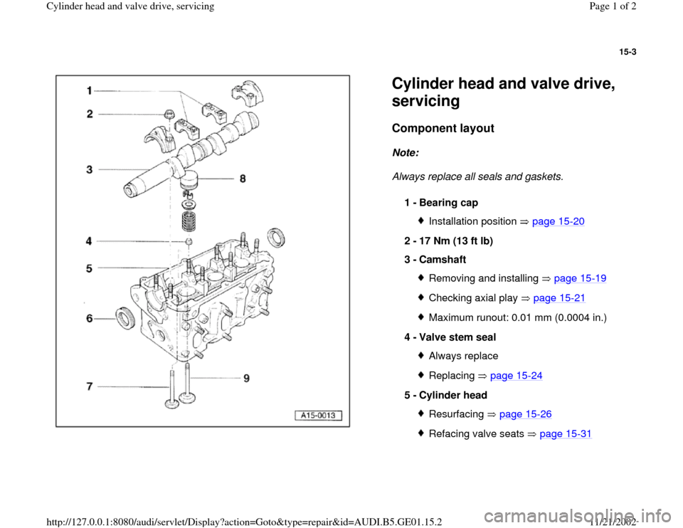 AUDI A4 1997 B5 / 1.G AFC Engine Cylinder Head And Valve Drive Service Workshop Manual 15-3
 
  
Cylinder head and valve drive, 
servicing Component layout
 
Note:  
Always replace all seals and gaskets. 
1 - 
Bearing cap 
Installation position   page 15
-20
2 - 
17 Nm (13 ft lb) 
3 - 
