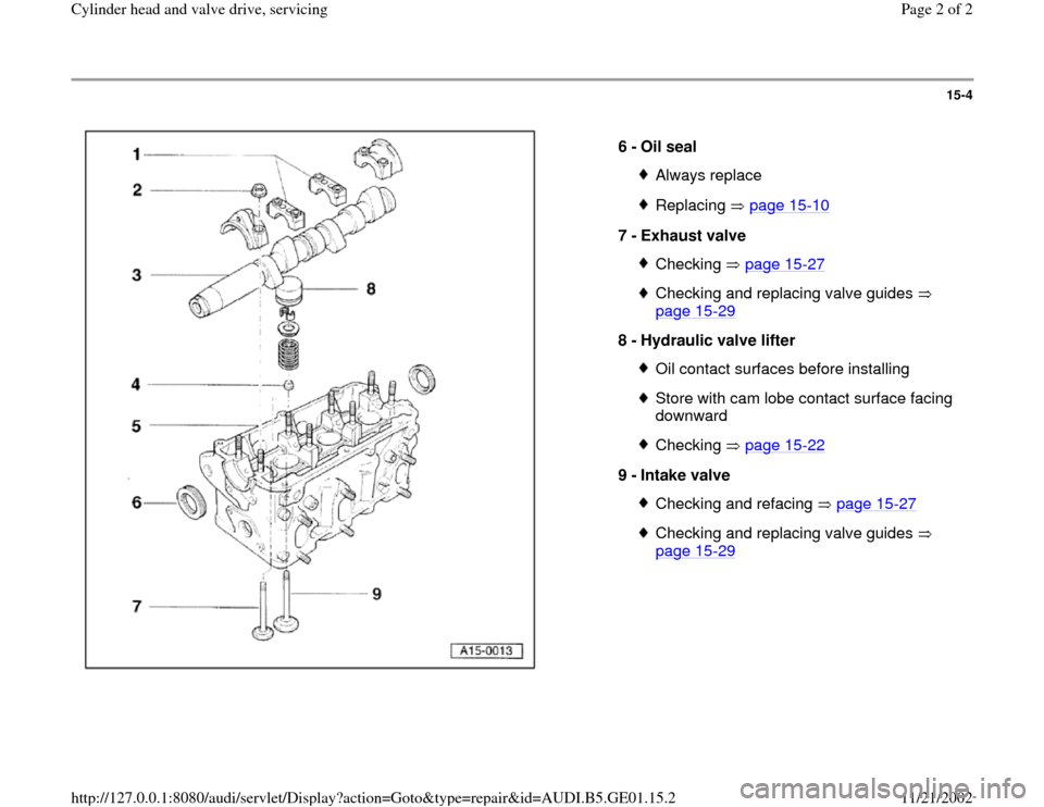 AUDI A4 1997 B5 / 1.G AFC Engine Cylinder Head And Valve Drive Service Workshop Manual 15-4
 
  
6 - 
Oil seal 
Always replaceReplacing  page 15
-10
7 - 
Exhaust valve 
Checking  page 15
-27
Checking and replacing valve guides   
page 15
-29
 
8 - 
Hydraulic valve lifter 
Oil contact su