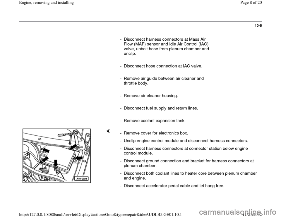 AUDI A4 1997 B5 / 1.G AFC Engine Assembly Workshop Manual 10-6
      
-  Disconnect harness connectors at Mass Air 
Flow (MAF) sensor and Idle Air Control (IAC) 
valve, unbolt hose from plenum chamber and 
unclip. 
     
-  Disconnect hose connection at IAC 