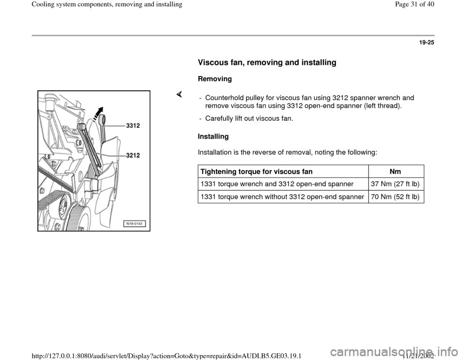 AUDI A4 1997 B5 / 1.G AHA ATQ Engines Cooling System Components Workshop Manual 19-25
      
Viscous fan, removing and installing
 
     
Removing  
    
Installing  
Installation is the reverse of removal, noting the following:  -  Counterhold pulley for viscous fan using 3212 s