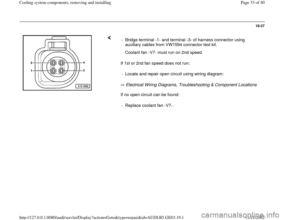 AUDI A4 1997 B5 / 1.G AHA ATQ Engines Cooling System Components Workshop Manual 19-27
 
    
If 1st or 2nd fan speed does not run:  
 Electrical Wiring Diagrams, Troubleshooting & Component Locations   
If no open circuit can be found:  -  Bridge terminal -1- and terminal -3- of 