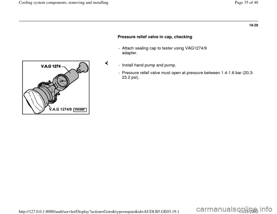 AUDI A4 1997 B5 / 1.G AHA ATQ Engines Cooling System Components Workshop Manual 19-29
      
Pressure relief valve in cap, checking  
     
-  Attach sealing cap to tester using VAG1274/9 
adapter. 
    
-  Install hand pump and pump.
-  Pressure relief valve must open at pressur