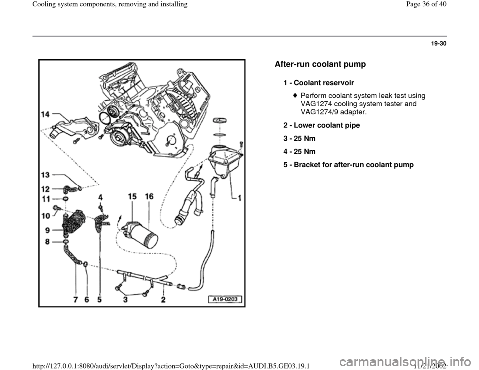 AUDI A4 1997 B5 / 1.G AHA ATQ Engines Cooling System Components Workshop Manual 19-30
 
  
After-run coolant pump
 
1 - 
Coolant reservoir 
Perform coolant system leak test using 
VAG1274 cooling system tester and 
VAG1274/9 adapter. 
2 - 
Lower coolant pipe 
3 - 
25 Nm 
4 - 
25 