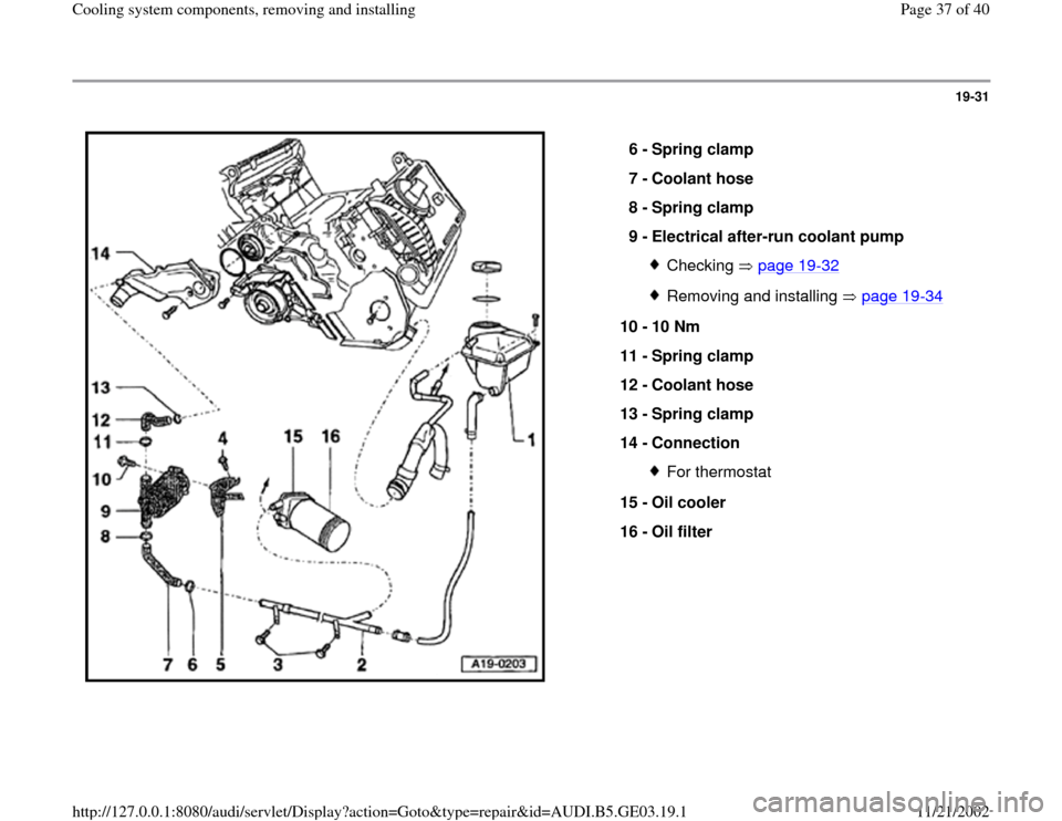 AUDI A4 1997 B5 / 1.G AHA ATQ Engines Cooling System Components Workshop Manual 19-31
 
  
6 - 
Spring clamp 
7 - 
Coolant hose 
8 - 
Spring clamp 
9 - 
Electrical after-run coolant pump 
Checking  page 19
-32
Removing and installing   page 19
-34
10 - 
10 Nm 
11 - 
Spring clamp 