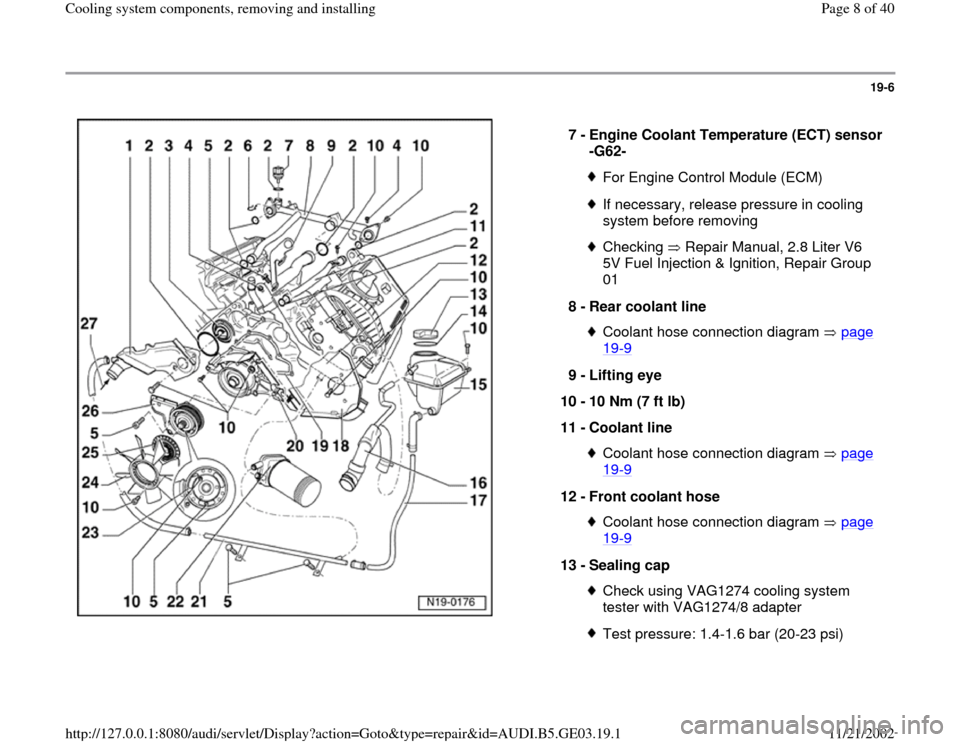 AUDI A4 1997 B5 / 1.G AHA ATQ Engines Cooling System Components Workshop Manual 19-6
 
  
7 - 
Engine Coolant Temperature (ECT) sensor 
-G62- 
For Engine Control Module (ECM)If necessary, release pressure in cooling 
system before removing Checking   Repair Manual, 2.8 Liter V6 

