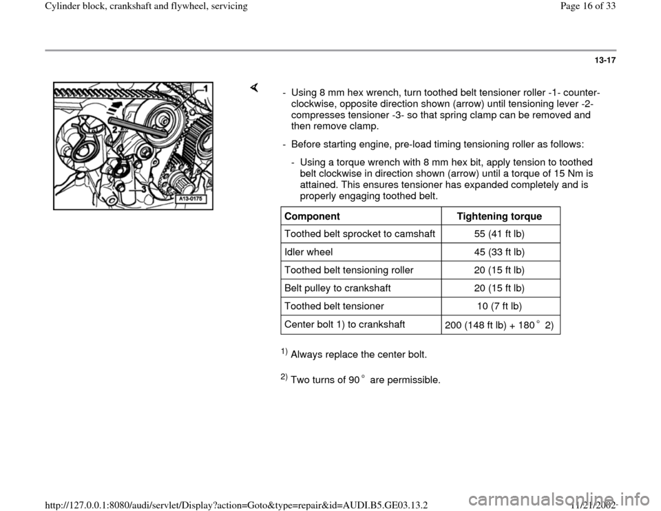 AUDI A4 1996 B5 / 1.G AHA ATQ Engines Cylinder Block Crankshaft And Flywheel Component Service Manual 13-17
 
    
1) Always replace the center bolt.  2) Two turns of 90  are permissible.   -  Using 8 mm hex wrench, turn toothed belt tensioner roller -1- counter-
clockwise, opposite direction shown (a