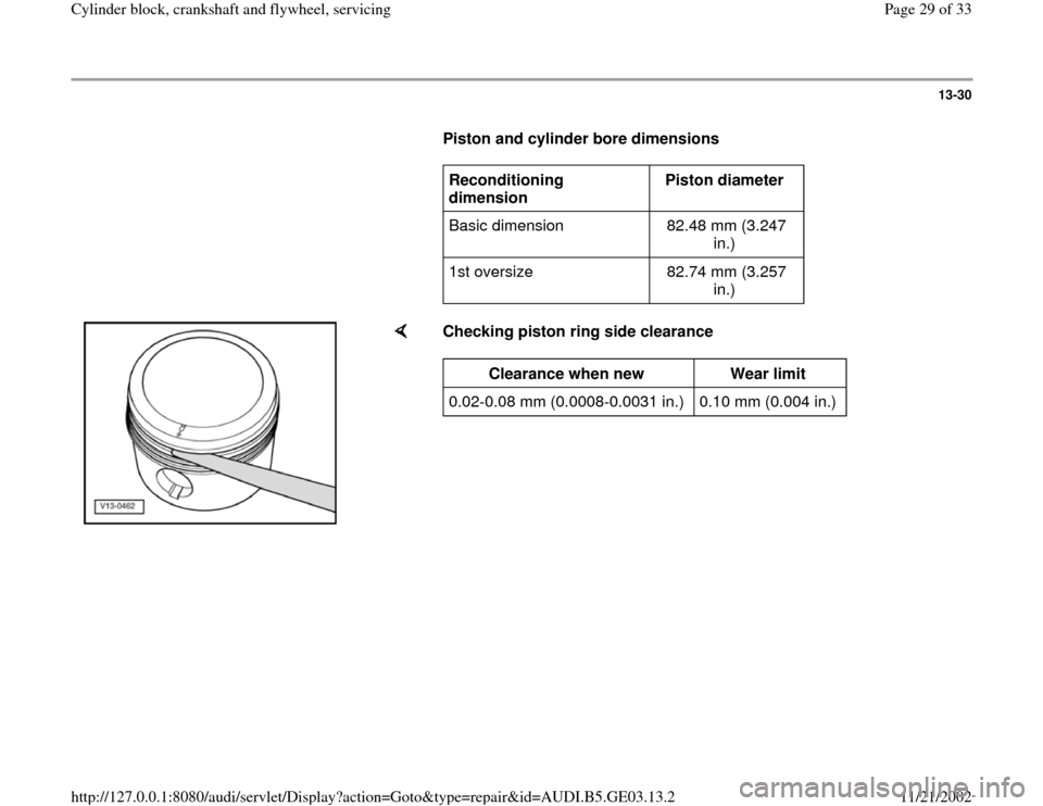 AUDI A4 1996 B5 / 1.G AHA ATQ Engines Cylinder Block Crankshaft And Flywheel Component Service Manual 13-30
      
Piston and cylinder bore dimensions  
     
Reconditioning 
dimension  Piston diameter  
Basic dimension   82.48 mm (3.247 
in.)  
1st oversize   82.74 mm (3.257 
in.)  
    
Checking pis