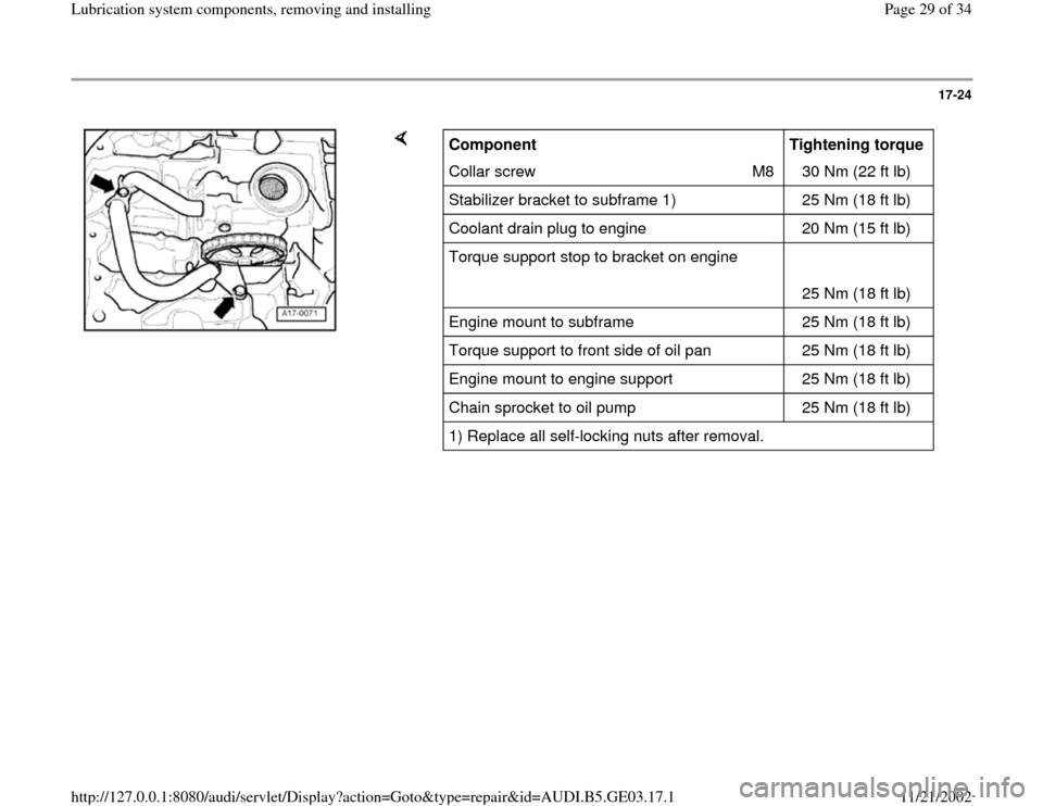 AUDI A8 1999 D2 / 1.G AHA ATQ Engines Lubrication System Components Workshop Manual 17-24
 
    
Component  
  
Tightening torque  
Collar screw   M8   30 Nm (22 ft lb)  
Stabilizer bracket to subframe 1)      25 Nm (18 ft lb)  
Coolant drain plug to engine      20 Nm (15 ft lb)  
To
