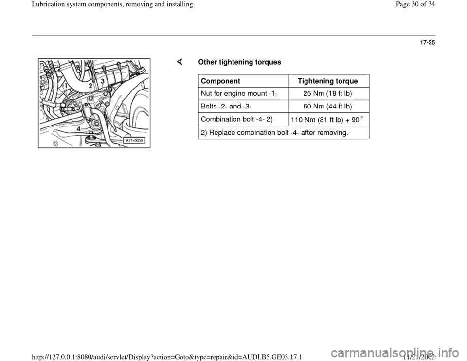 AUDI A4 1997 B5 / 1.G AHA ATQ Engines Lubrication System Components Workshop Manual 17-25
 
    
Other tightening torques  Component  
  
Tightening torque  
Nut for engine mount -1-      25 Nm (18 ft lb)  
Bolts -2- and -3-      60 Nm (44 ft lb)  
Combination bolt -4- 2)     
110 Nm