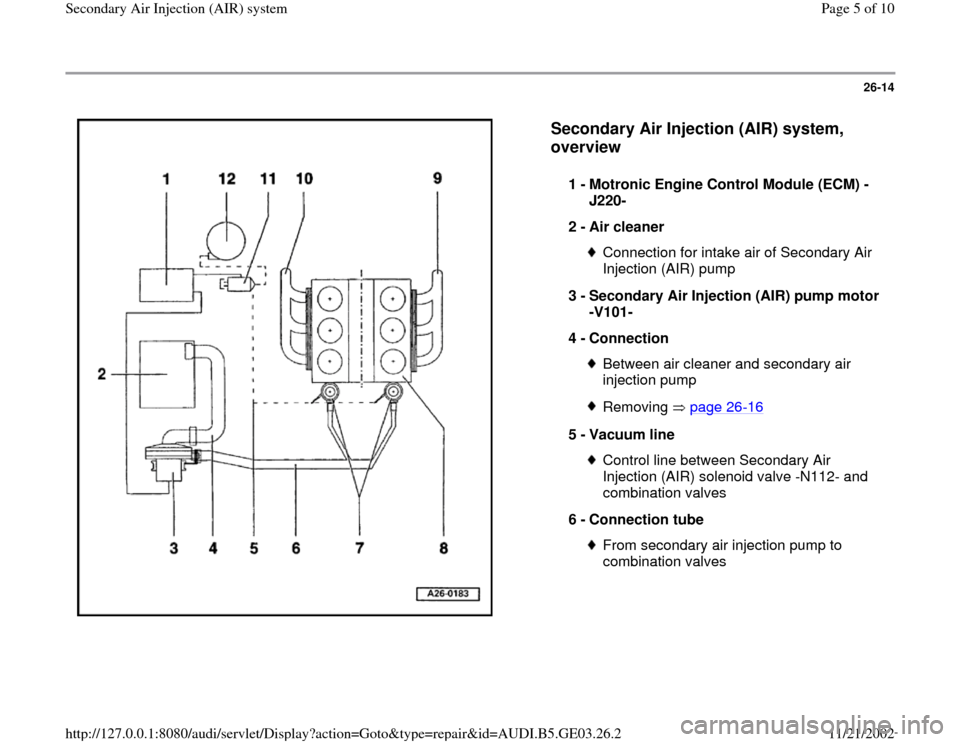 AUDI A4 1997 B5 / 1.G AHA ATQ Engines Secondary Air System Workshop Manual 26-14
 
  
Secondary Air Injection (AIR) system, 
overview
 
1 - 
Motronic Engine Control Module (ECM) -
J220- 
2 - 
Air cleaner 
Connection for intake air of Secondary Air 
Injection (AIR) pump 
3 - 
