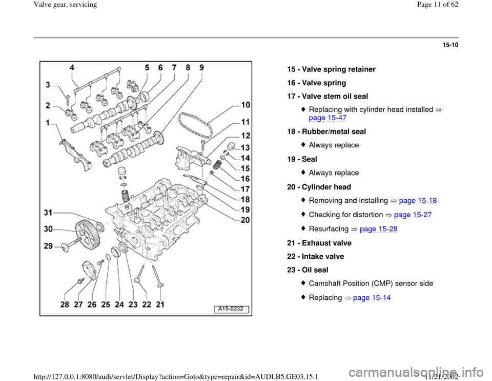 AUDI A6 1996 C5 / 2.G AHA ATQ Engines Valve Gear Service Manual 15-10
 
  
15 - 
Valve spring retainer 
16 - 
Valve spring 
17 - 
Valve stem oil seal 
Replacing with cylinder head installed   
page 15
-47
 
18 - 
Rubber/metal seal 
Always replace
19 - 
Seal Always