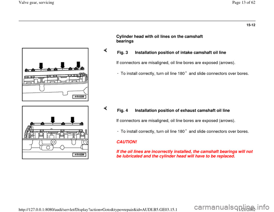 AUDI A4 1997 B5 / 1.G AHA ATQ Engines Valve Gear Service Manual 15-12
      
Cylinder head with oil lines on the camshaft 
bearings  
    
If connectors are misaligned, oil line bores are exposed (arrows).  Fig. 3  Installation position of intake camshaft oil line