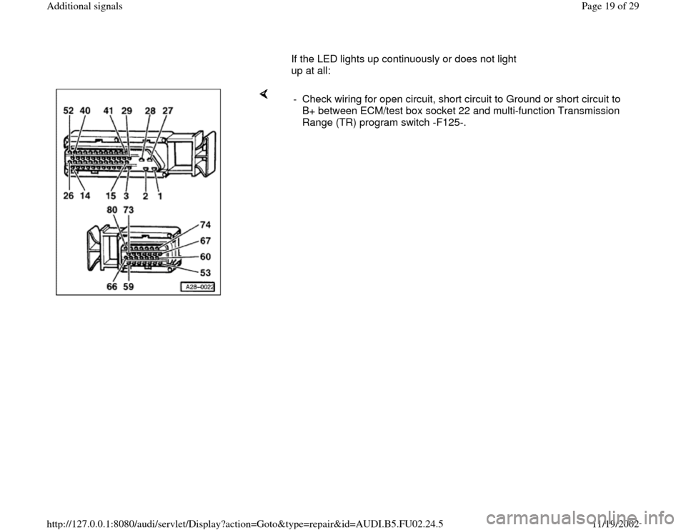 AUDI A4 1996 B5 / 1.G AEB Engine Additional Signal       If the LED lights up continuously or does not light 
up at all:  
    
-  Check wiring for open circuit, short circuit to Ground or short circuit to 
B+ between ECM/test box socket 22 and multi-