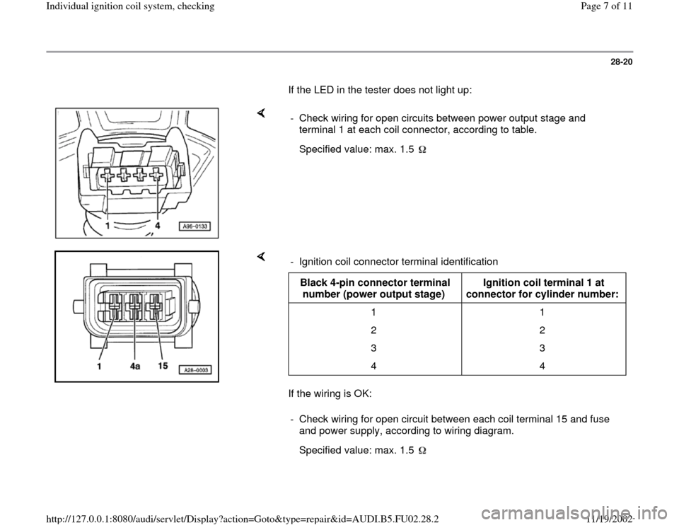 AUDI A4 1997 B5 / 1.G AEB Engine Ignition Coil System Checking 28-20
       If the LED in the tester does not light up:  
    
-  Check wiring for open circuits between power output stage and 
terminal 1 at each coil connector, according to table. 
  
Specified v