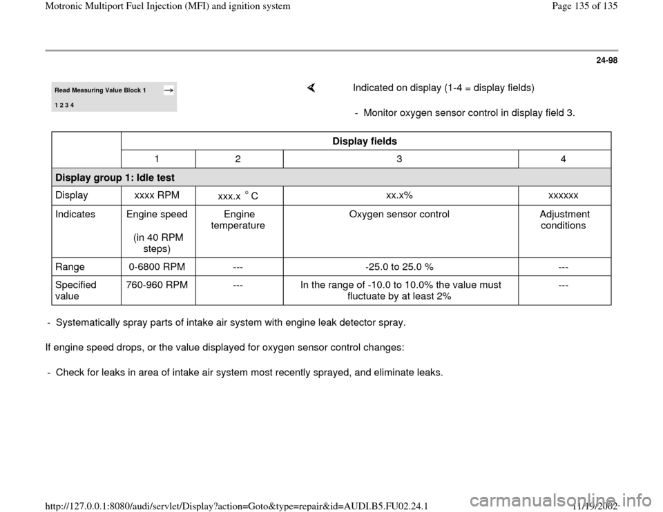 AUDI A8 2000 D2 / 1.G AEB Engine Motronic MFI And Ignition System 24-98
 
If engine speed drops, or the value displayed for oxygen sensor control changes:  
Read Measuring Value Block 1 1 2 3 4 
    
Indicated on display (1-4 = display fields)  
-  Monitor oxygen se