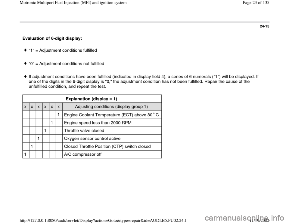 AUDI A8 2000 D2 / 1.G AEB Engine Motronic MFI And Ignition System 24-15
 Evaluation of 6-digit display:  
 
"1" = Adjustment conditions fulfilled
 "0" = Adjustment conditions not fulfilled
 If adjustment conditions have been fulfilled (indicated in display field 4),