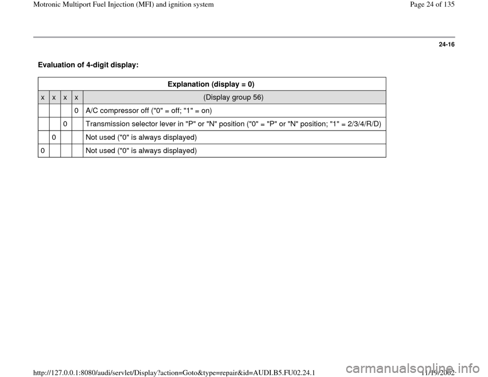 AUDI A8 2000 D2 / 1.G AEB Engine Motronic MFI And Ignition System 24-16
 Evaluation of 4-digit display:  
Explanation (display = 0)  
x  
x  
x  
x  
(Display group 56)  
         0   A/C compressor off ("0" = off; "1" = on)  
      0      Transmission selector leve