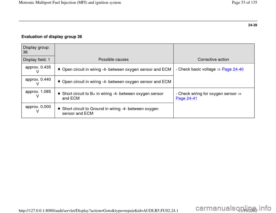 AUDI A8 2000 D2 / 1.G AEB Engine Motronic MFI And Ignition System 24-39
 Evaluation of display group 36  Display group: 
36  
  
  
Display field: 1  
Possible causes  
Corrective action  
approx. 0.435 
V   
Open circuit in wiring -4- between oxygen sensor and ECM 