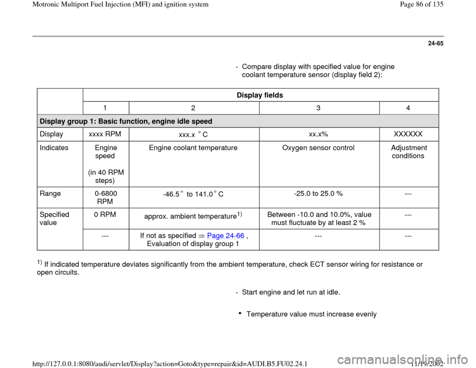 AUDI A8 2000 D2 / 1.G AEB Engine Motronic MFI And Ignition System 24-65
      
-  Compare display with specified value for engine 
coolant temperature sensor (display field 2): 
  
Display fields  
  
1   2   3   4  
Display group 1: Basic function, engine idle spee