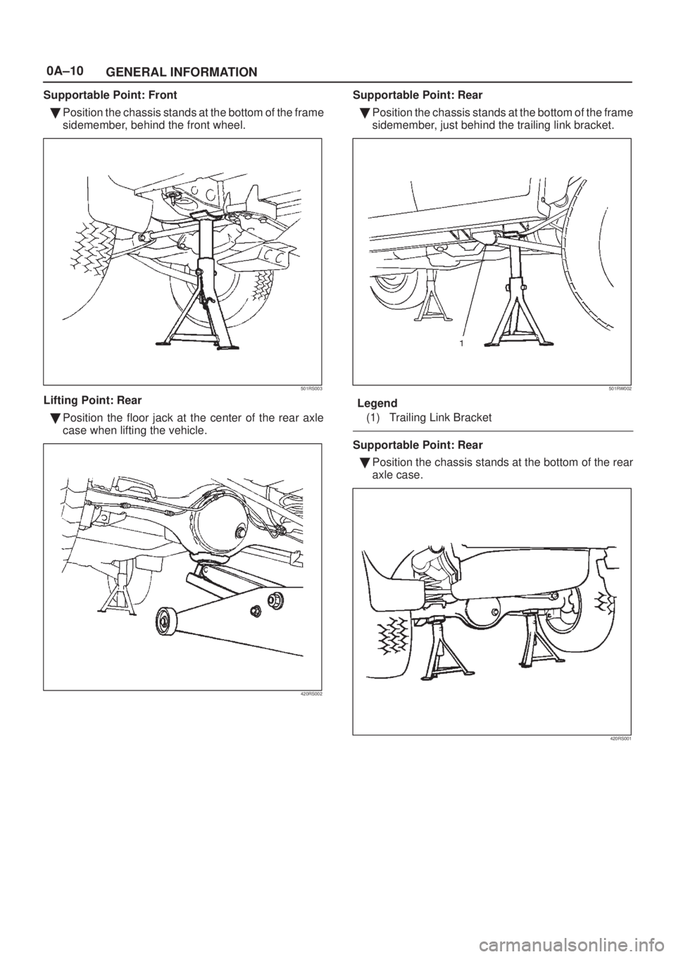 ISUZU AXIOM 2002  Service Repair Manual 0A±10
GENERAL INFORMATION
Supportable Point: Front
Position the chassis stands at the bottom of the frame
sidemember, behind the front wheel.
501RS003
Lifting Point: Rear
Position the floor jack at