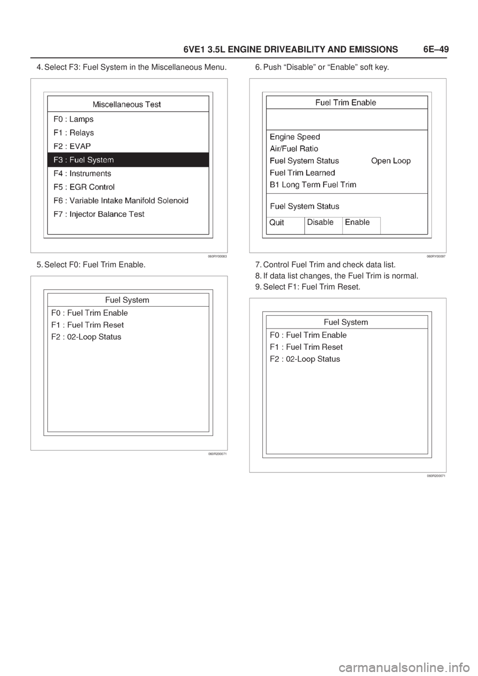 ISUZU AXIOM 2002  Service Repair Manual 6E±49
6VE1 3.5L ENGINE DRIVEABILITY AND EMISSIONS
4. Select F3: Fuel System in the Miscellaneous Menu.
060RY00083
5. Select F0: Fuel Trim Enable.
060R200071
6. Push ªDisableº or ªEnableº soft key