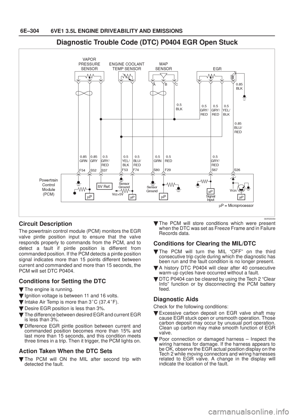 ISUZU AXIOM 2002  Service Repair Manual 6E±304
6VE1 3.5L ENGINE DRIVEABILITY AND EMISSIONS
Diagnostic Trouble Code (DTC) P0404 EGR Open Stuck
060R200050
Circuit Description
The powertrain control module (PCM) monitors the EGR
valve pintle 