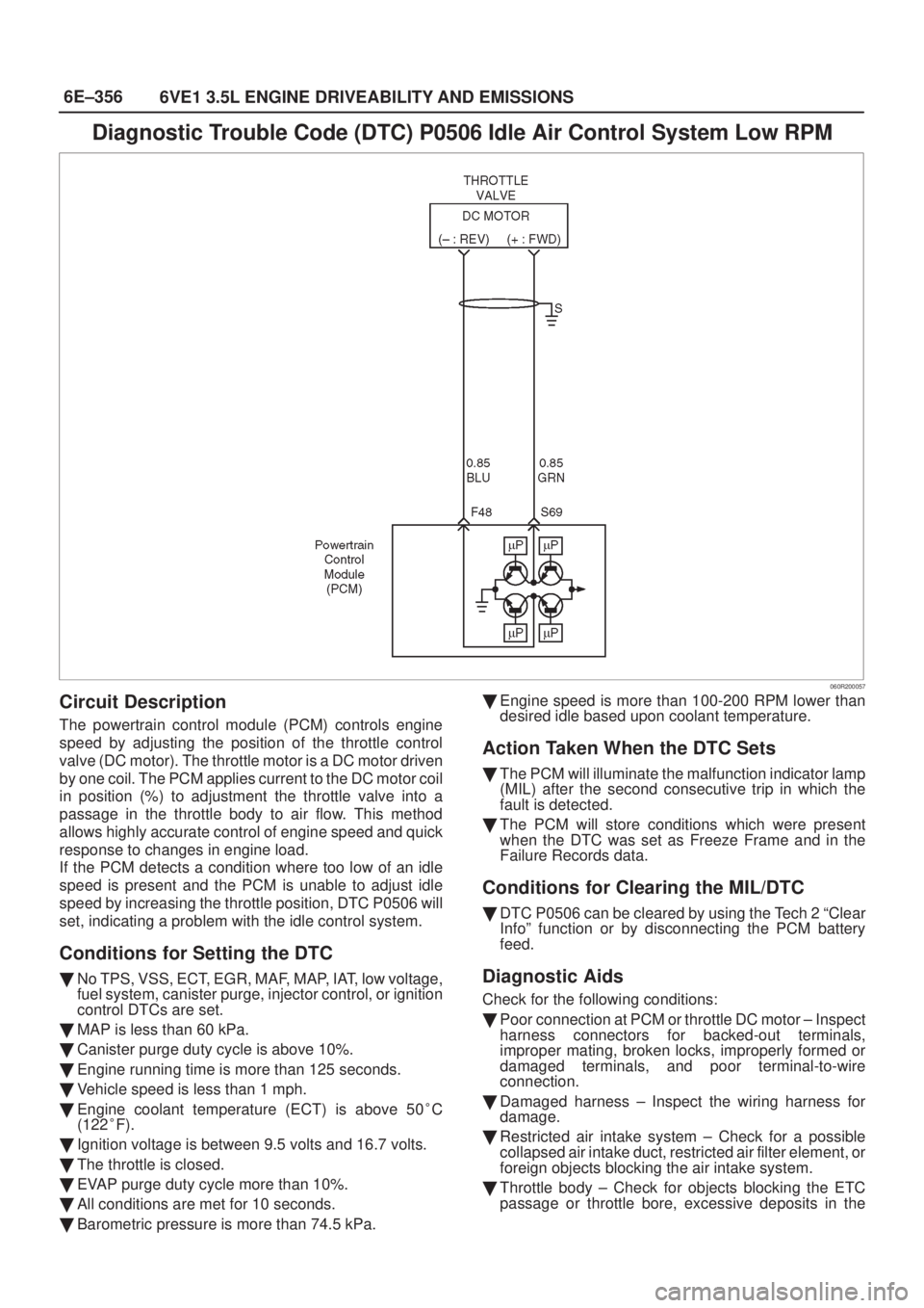 ISUZU AXIOM 2002 Service Repair Manual 6E±356
6VE1 3.5L ENGINE DRIVEABILITY AND EMISSIONS
Diagnostic Trouble Code (DTC) P0506 Idle Air Control System Low RPM
060R200057
Circuit Description
The powertrain control module (PCM) controls engi ISUZU AXIOM 2002 Service Repair Manual 6E±356
6VE1 3.5L ENGINE DRIVEABILITY AND EMISSIONS
Diagnostic Trouble Code (DTC) P0506 Idle Air Control System Low RPM
060R200057
Circuit Description
The powertrain control module (PCM) controls engi