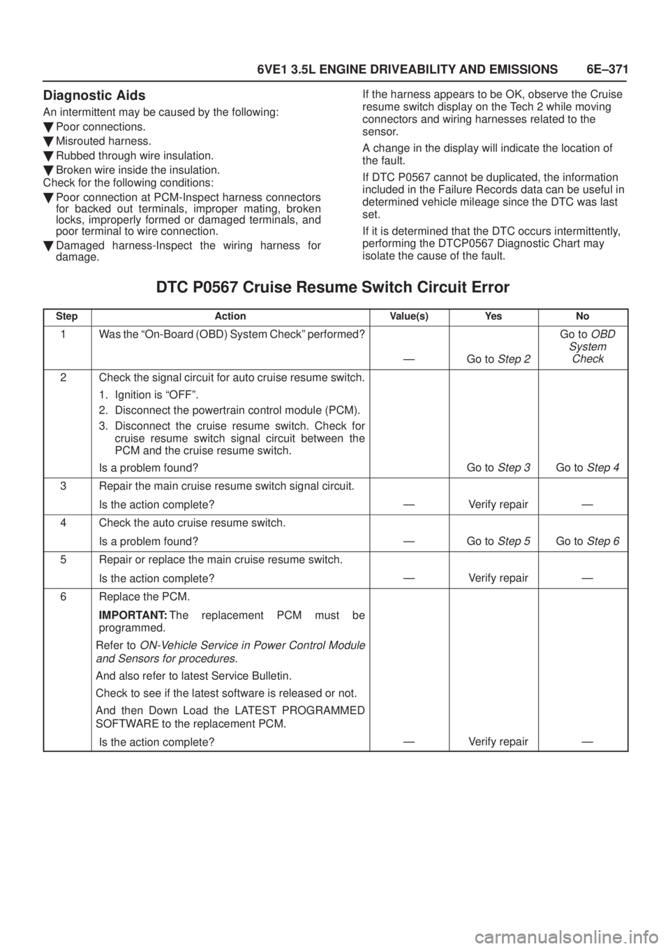 ISUZU AXIOM 2002  Service Repair Manual 6E±371
6VE1 3.5L ENGINE DRIVEABILITY AND EMISSIONS
Diagnostic Aids
An intermittent may be caused by the following:
Poor connections.
Misrouted harness.
Rubbed through wire insulation.
Broken wire