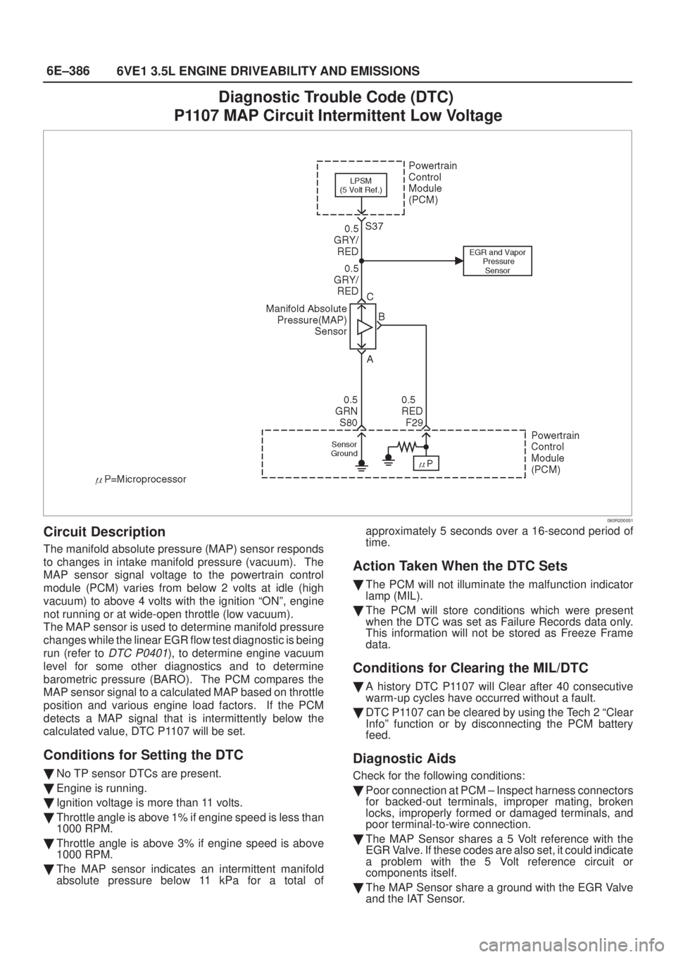 ISUZU AXIOM 2002 Service Repair Manual 6E±386
6VE1 3.5L ENGINE DRIVEABILITY AND EMISSIONS
Diagnostic Trouble Code (DTC)
P1107 MAP Circuit Intermittent Low Voltage
060R200051
Circuit Description
The manifold absolute pressure (MAP) sensor ISUZU AXIOM 2002 Service Repair Manual 6E±386
6VE1 3.5L ENGINE DRIVEABILITY AND EMISSIONS
Diagnostic Trouble Code (DTC)
P1107 MAP Circuit Intermittent Low Voltage
060R200051
Circuit Description
The manifold absolute pressure (MAP) sensor