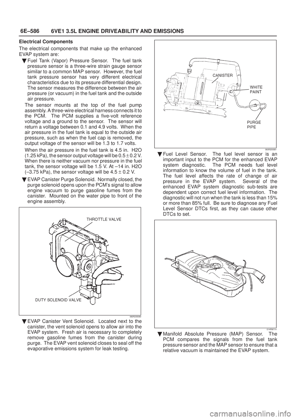 ISUZU AXIOM 2002  Service Repair Manual 6E±586
6VE1 3.5L ENGINE DRIVEABILITY AND EMISSIONS
Electrical Components
The electrical components that make up the enhanced
EVAP system are:
Fuel Tank (Vapor) Pressure Sensor.  The fuel tank
pressu