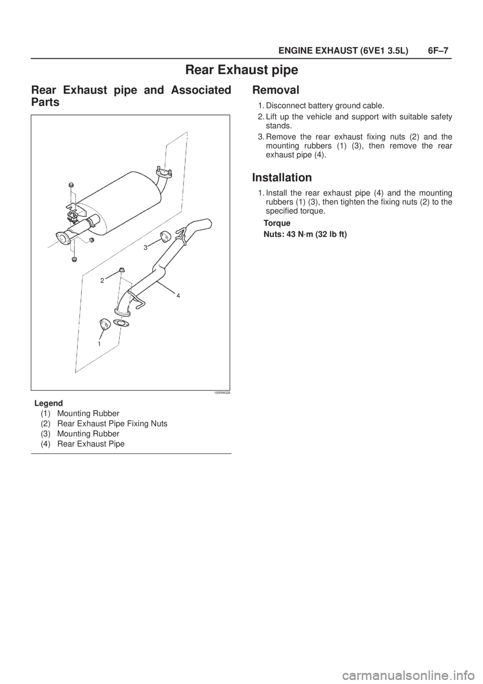 ISUZU AXIOM 2002  Service Repair Manual 6F±7
ENGINE EXHAUST (6VE1 3.5L)
Rear Exhaust pipe
Rear Exhaust pipe and Associated
Parts
150RW028
Legend
(1) Mounting Rubber
(2) Rear Exhaust Pipe Fixing Nuts
(3) Mounting Rubber
(4) Rear Exhaust Pip