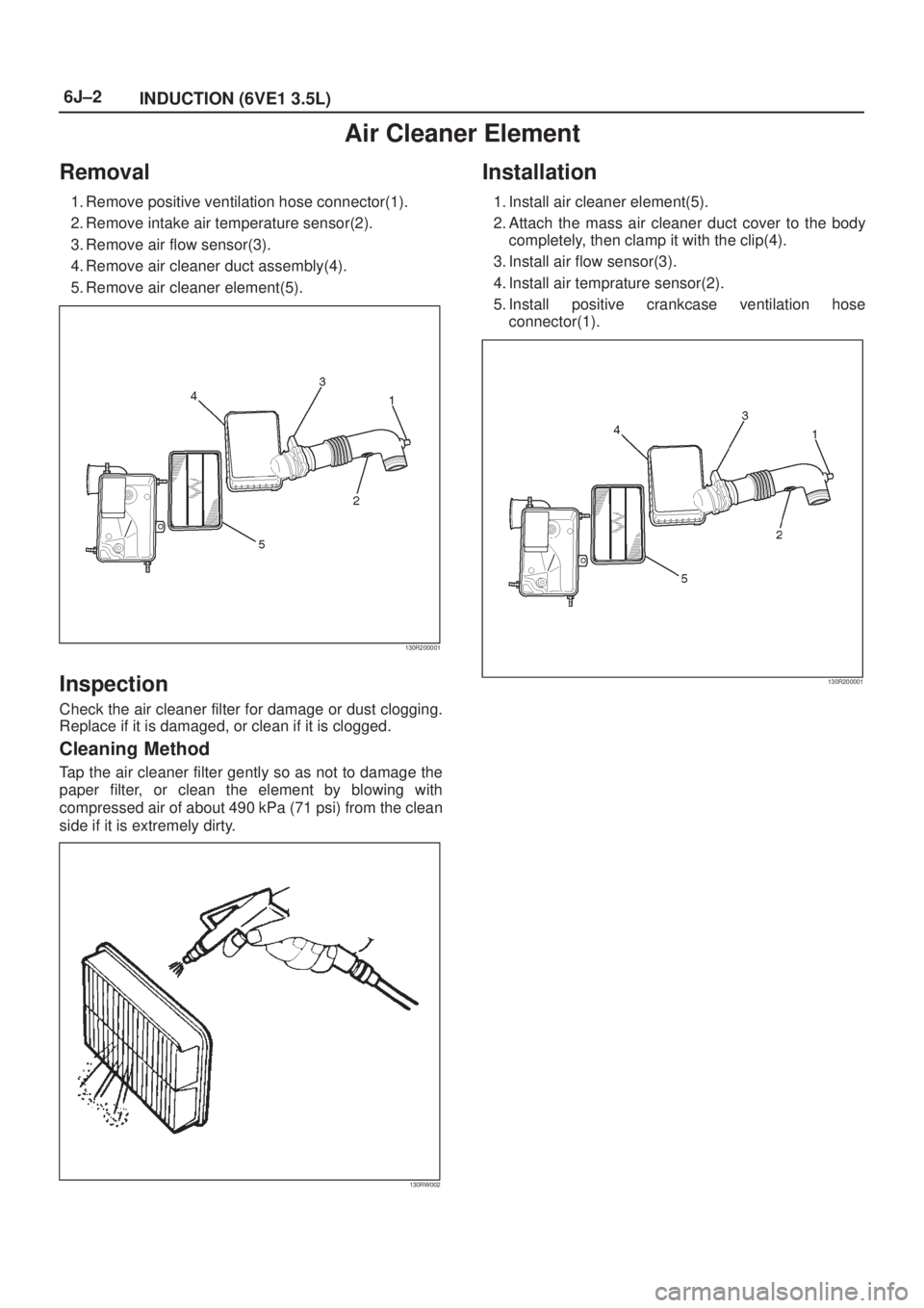 ISUZU AXIOM 2002  Service Repair Manual 6J±2
INDUCTION (6VE1 3.5L)
Air Cleaner Element
Removal
1. Remove positive ventilation hose connector(1).
2. Remove intake air temperature sensor(2).
3. Remove air flow sensor(3).
4. Remove air cleane