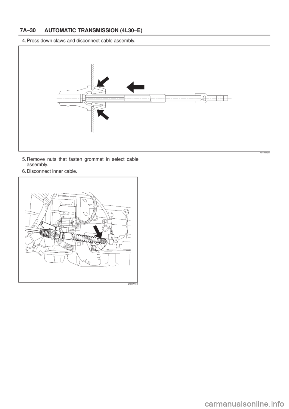 ISUZU AXIOM 2002  Service Repair Manual 7A±30
AUTOMATIC TRANSMISSION (4L30±E)
4. Press down claws and disconnect cable assembly.
A07RW017
5. Remove nuts that fasten grommet in select cable
assembly.
6. Disconnect inner cable.
210RW013 