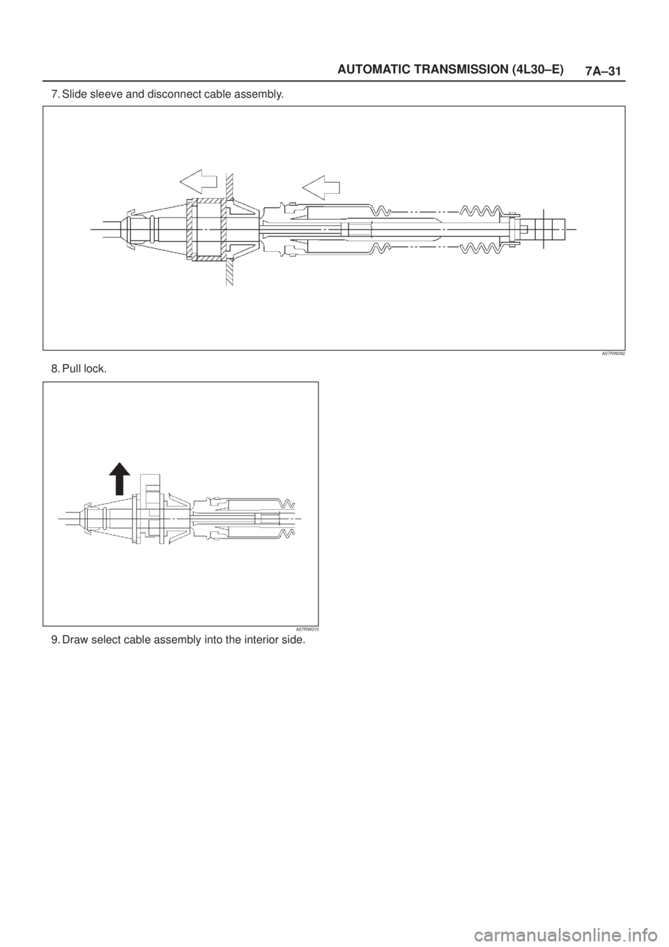 ISUZU AXIOM 2002  Service Repair Manual 7A±31 AUTOMATIC TRANSMISSION (4L30±E)
7. Slide sleeve and disconnect cable assembly.
A07RW082
8. Pull lock.
A07RW015
9. Draw select cable assembly into the interior side. 