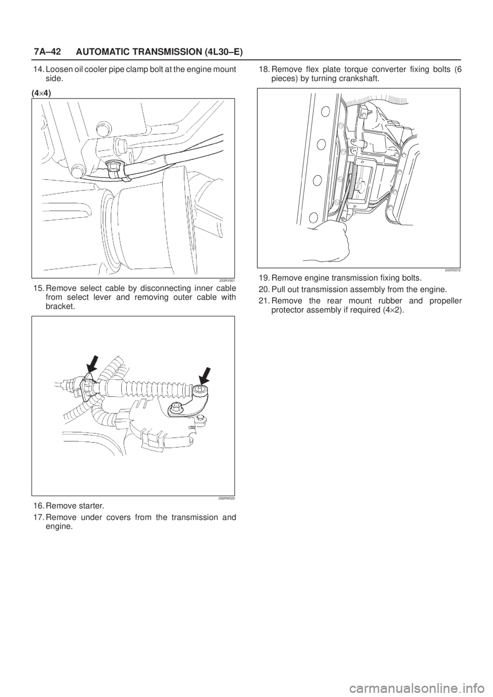 ISUZU AXIOM 2002  Service Repair Manual 7A±42
AUTOMATIC TRANSMISSION (4L30±E)
14. Loosen oil cooler pipe clamp bolt at the engine mount
side.
(4y4)
253RY001
15. Remove select cable by disconnecting inner cable
from select lever and removi