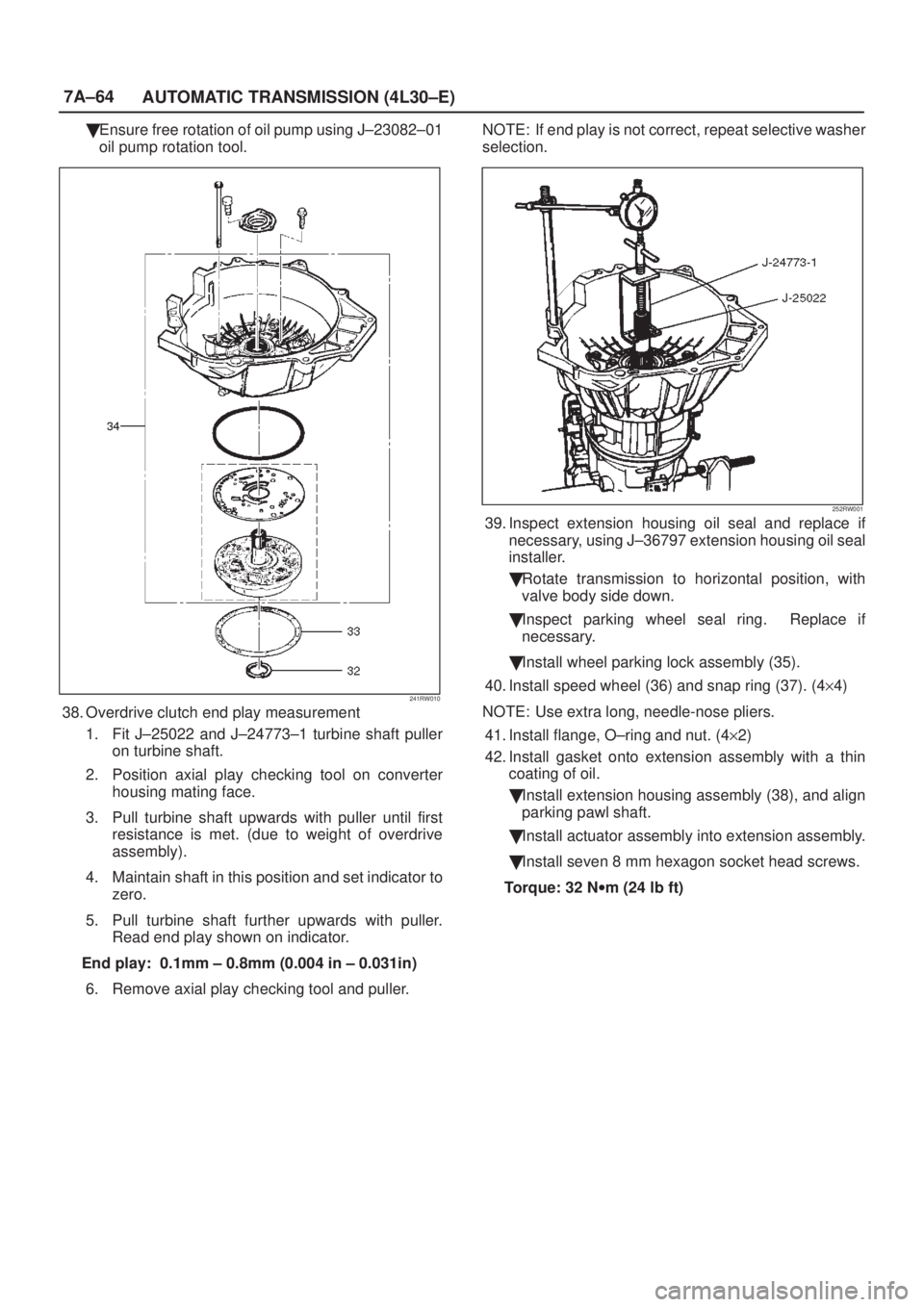 ISUZU AXIOM 2002  Service Repair Manual 7A±64
AUTOMATIC TRANSMISSION (4L30±E)
Ensure free rotation of oil pump using J±23082±01
oil pump rotation tool.
241RW010
38. Overdrive clutch end play measurement
1. Fit J±25022 and J±24773±1 