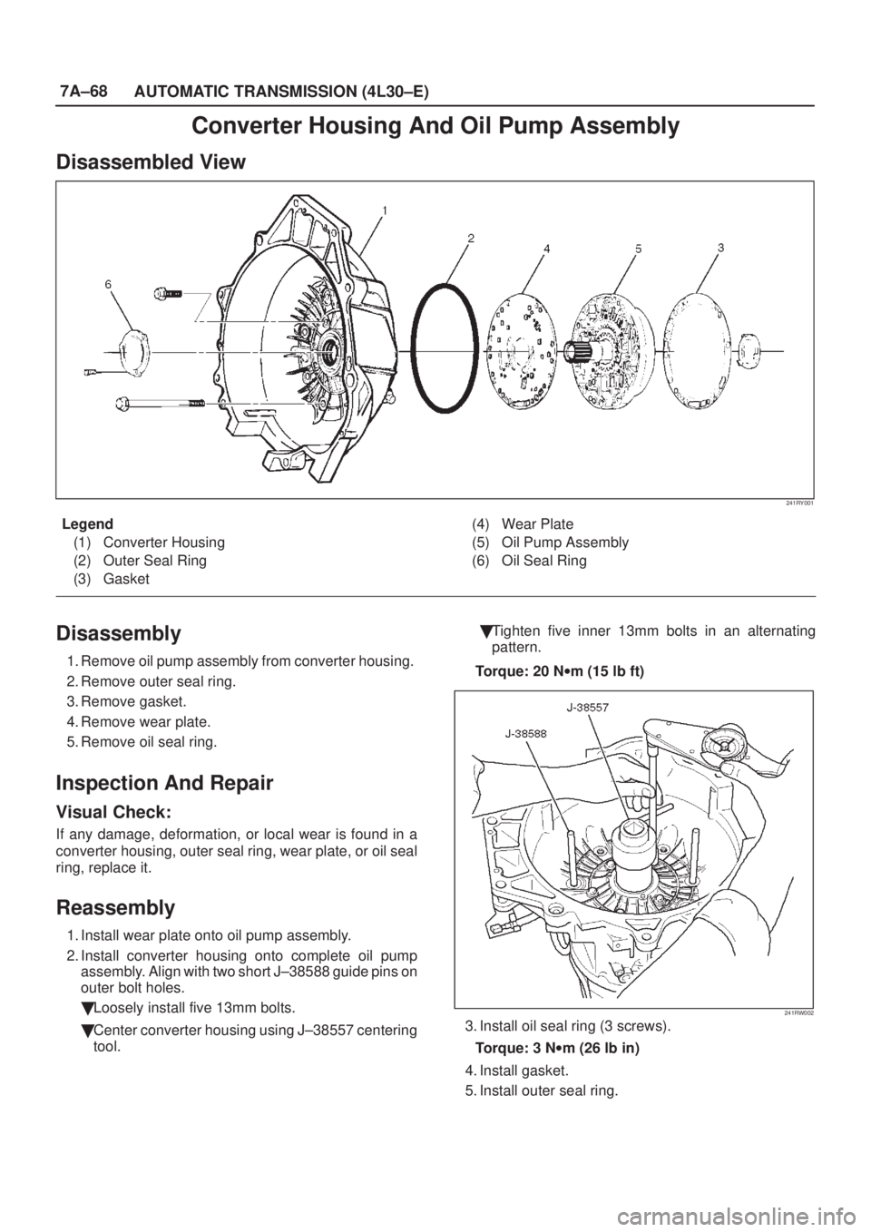 ISUZU AXIOM 2002 Service Repair Manual 7A±68
AUTOMATIC TRANSMISSION (4L30±E)
Converter Housing And Oil Pump Assembly
Disassembled View
241RY001
Legend
(1) Converter Housing
(2) Outer Seal Ring
(3) Gasket(4) Wear Plate
(5) Oil Pump Assemb ISUZU AXIOM 2002 Service Repair Manual 7A±68
AUTOMATIC TRANSMISSION (4L30±E)
Converter Housing And Oil Pump Assembly
Disassembled View
241RY001
Legend
(1) Converter Housing
(2) Outer Seal Ring
(3) Gasket(4) Wear Plate
(5) Oil Pump Assemb